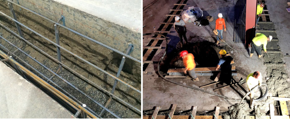  left: The steel reinforcement ran the length of the excavated trenches to add support to the drain system.      right: The Rockcrete crew executes a late night pour.