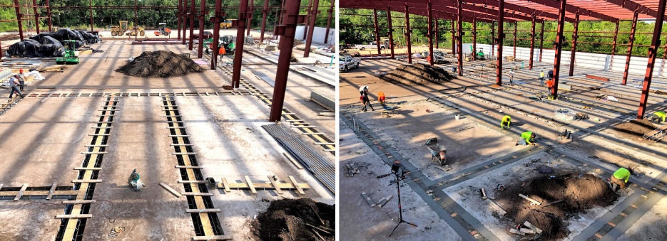 left: The formwork is complete and ready for the concrete pour.      right: Clean-up after the pour begins the next day.