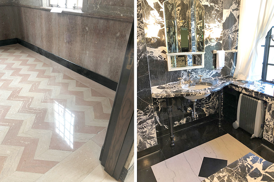 Left: A very ornate-looking Splendor White, another type of “granite” material, with shiny but fragile mica inclusions scattered throughout.  right:: Black and white Italian marble. Pretty exotic though, wouldn’t you say?