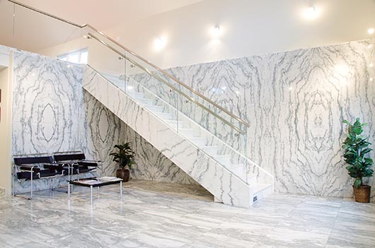 “Book matched” is the theme for this eye-popping stairway made of Montclair Danby. Tough and durable, Vermont Danby marble is suitable for a myriad of applications from residential to commercial