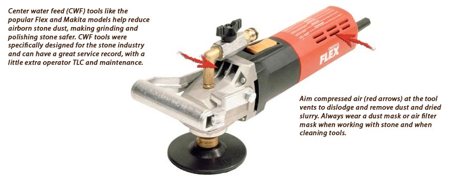 Aim compressed air (red arrows) at the tool vents to dislodge and remove dust and dried slurry.