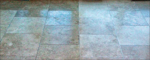 The newly honed travertine floor, with left half color enhanced.