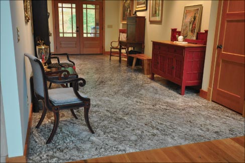 Diamond Arrow granite flooring makes a stunning entryway: the custom tiles are from 4 matched slabs.