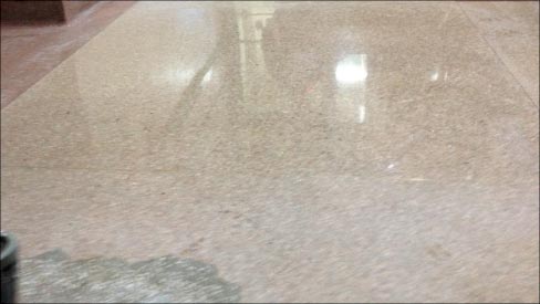 This was a test polish area on terrazzo, where the previous floor care program just used a chemical floor finish, and build-up occurred. A test area can accomplish many things like confirming the procedure, results, and potential costs. You can also provide several options based on addressing the repair or restoration. 