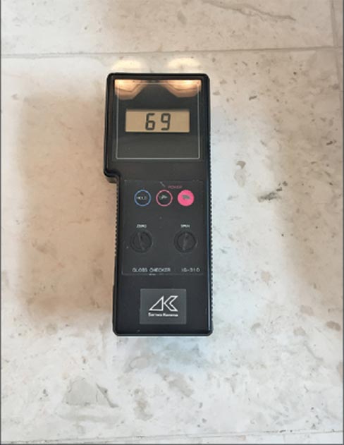 Gloss meter reading of a marble floor section, before restoration and polishing. Providing tangible, measured results before and after a test procedure is a great way to educate the customer, and manage expectation about the level of service you can provide.