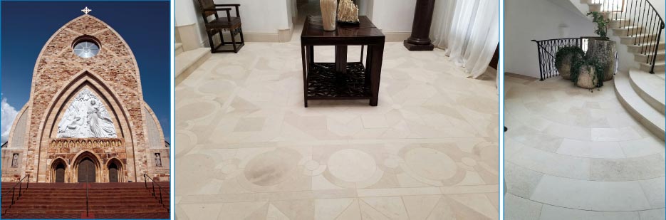 Above, Left: Oratory front, Ave Maria University chapel, constructed with stone from New Mexico Travertine. Above, Center and Right: Limestone flooring for residential projects, waterjet cut by Rocky Mountain Stone. 