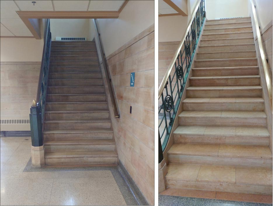 Travertine stair treads and risers, before (above) and after. Extremely dirty areas were first cleaned, and then all fissures were filled using color-matched polyester resins. After honing, a color-enhancing impregnating sealer was used to protect the surface.