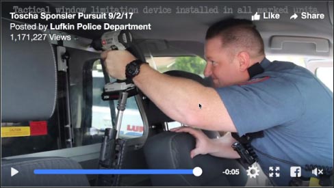 … but no less surprised than the Lufkin officers who quickly gave chase when she drove off. Here, a Lufkin officer installs a “tactical window limitation device.”