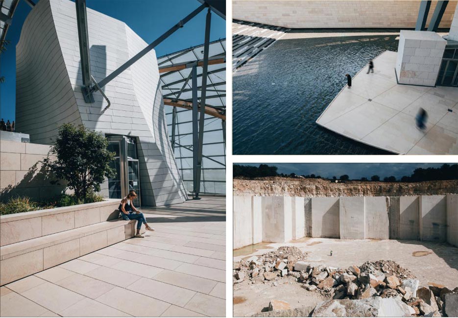 Above, left: The Louis Vuitton Foundation building designed by Frank Gehry includes walkways, benches, cladding and promenades featuring Polycor’s French limestone.  Above, top right: Visitors to the Louis Vuitton Foundation pass over a French limestone promenade to take in the stunning water feature.  This year, Polycor purchased four limestone quarries in the Above, bottom right: Burgundy region and will now make the stone available worldwide for heritage projects, modern architectural installations, and even residential homes.