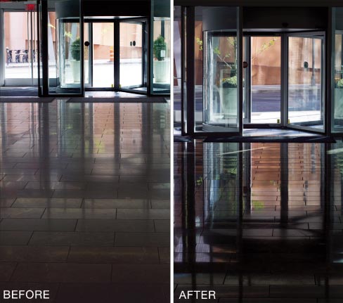 Store entryway before and after honing and polishing. Heavy foot traffic at entrances will cause the surface to wear quickly, from extra soiling and scratching. 