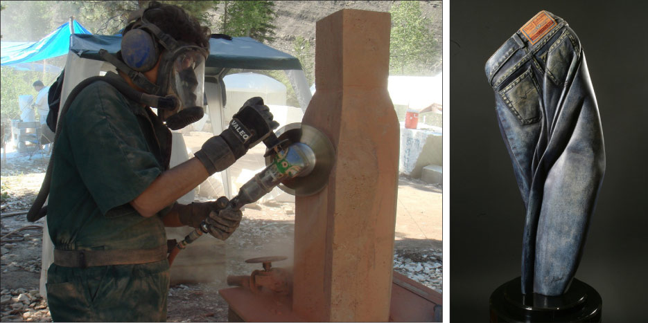 Robin Antar, American sculptor, at work. Photograph by Morris Gindi. Above, right: My Comfort Clothes by Robin Antar. Tinted Limestone.