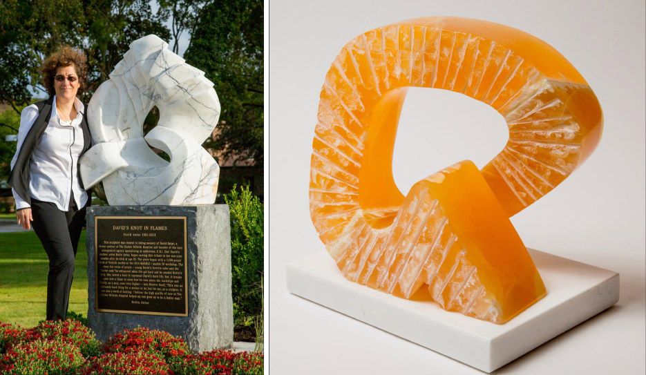 Above, left: Robin Antar with David’s Knot in Flames. Above, right: The Thinker by Robin Antar. Honeycomb Calcite. Photo by Morris Gindi.