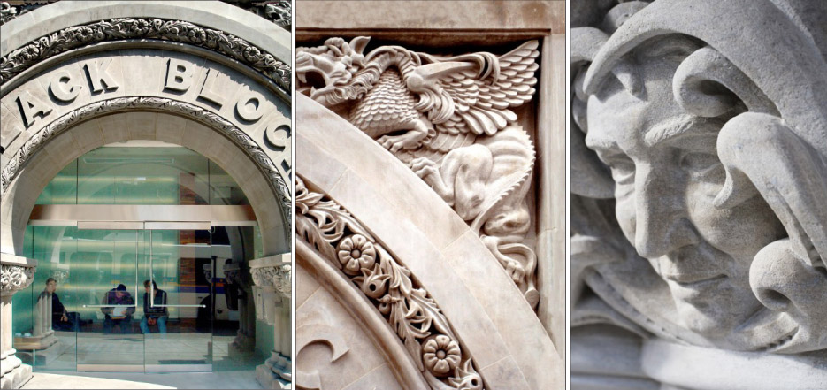 Intricately hand-carved relief-sculptures of mythical creatures & whimsical gargoyle faces adorn the arch.