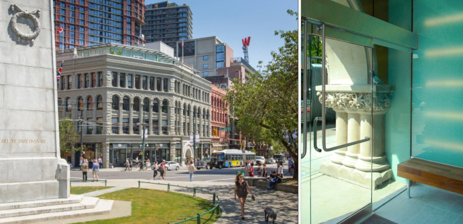 The Flack Block building is now a tourist attraction in the revived Vancouver downtown area. Above, right: An interior view of the stone arch at the Flack Block building.