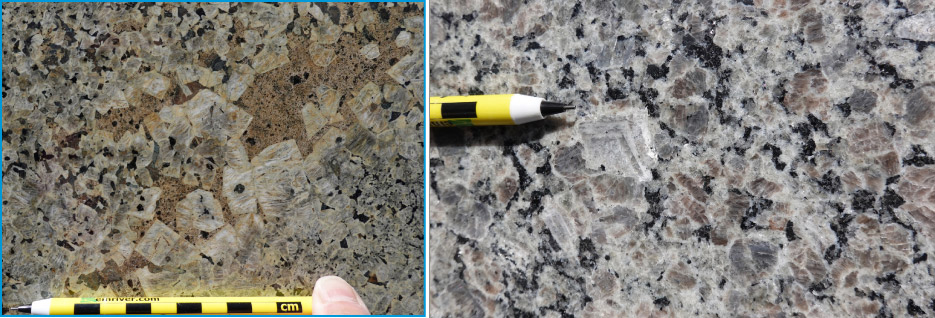 Above, left: In this slab of Sea Foam Green it’s plain to see that the feldspar crystals floated around in a liquid magma.  Above, right: Feldspar often forms rectangular or blocky-shaped crystals. In this slab of Ocre Itabira there are two types of feldspar. One is silvery white and the other is light brown.