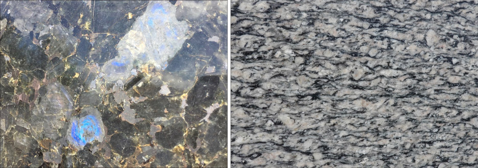 Above, left: Blue feldspar — called Labradorite — in a slab of Volga Blue.  Above, right: These feldspar grains lost their blocky shape when the stone got squeezed and stretched during metamorphism. The black, wavy layers are black mica.