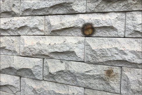 These odd orange blossoms of stain show the presence of iron oxidation. Iron is naturally present in many stones, including limestone, like this exterior façade. 