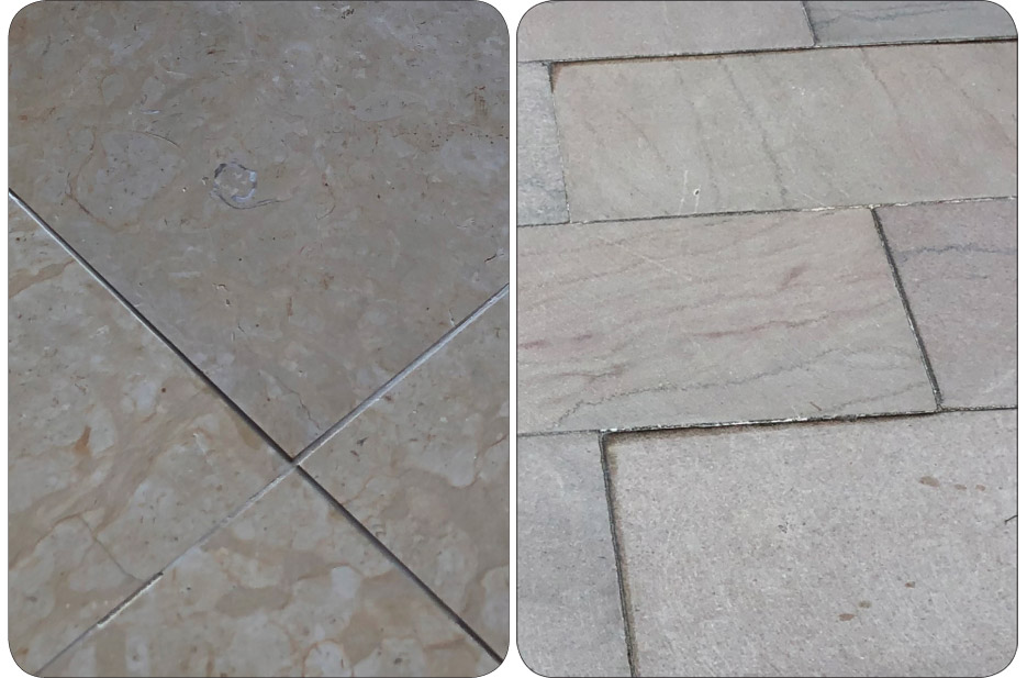 Above, left: Moderate lippage on a limestone floor. Above, right: Severe lippage on a marble floor.