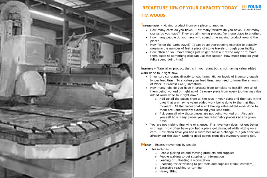 This document was developed to help you find ways to free up capacity (page 2 shown). It details eight categories of NVA activities with definitions and examples. You can use it as you walk around the plant to discover capacity you can free up.