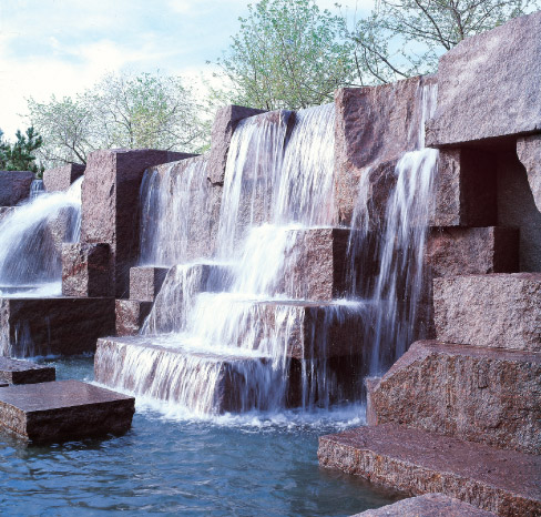 Fountain built from rough-hewn Carnelian Granite  – just one small feature of the FDR Memorial in Washington D.C. . The memorial comprises 7.5 acres and contains about 200 truckloads of Coldspring granite.