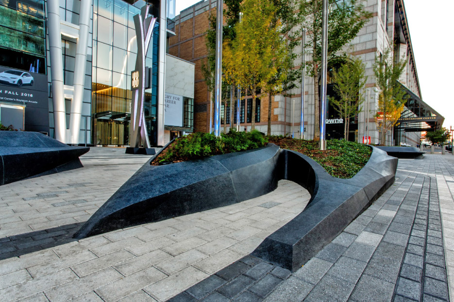 888 Boylston, Boston, MA. Exterior Coping, Paving and Benches  in Textured Mesabi Black.