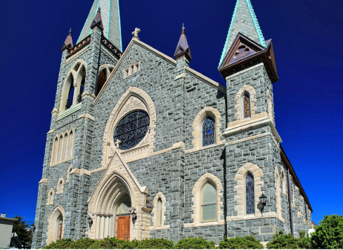 St. Francis of Assisi Church, Staunton, VA. Lake Superior Green Exterior Cladding  Finish: Split Face (Rockface) 