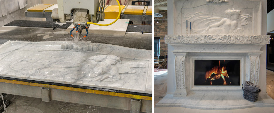 “Take a look at our CNC waterjet in action, carving a bas-relief for a marble mantelpiece. We now have the capability to take on almost any project.”