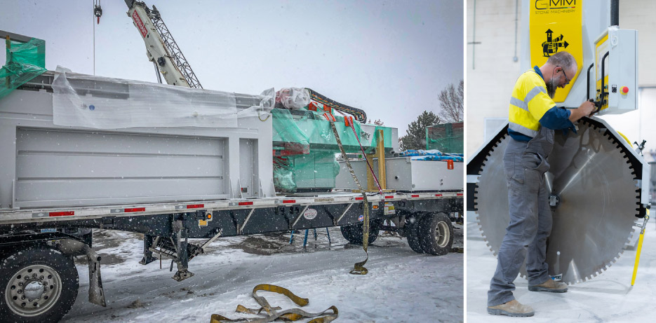 Left: loading and unloading a BIG piece of equipment is a major undertaking in itself.  Right: We were lucky to have Taf Wharton, Senior U.S. Sales Manager for GMM, available to help install our massive, multifunction machine. 