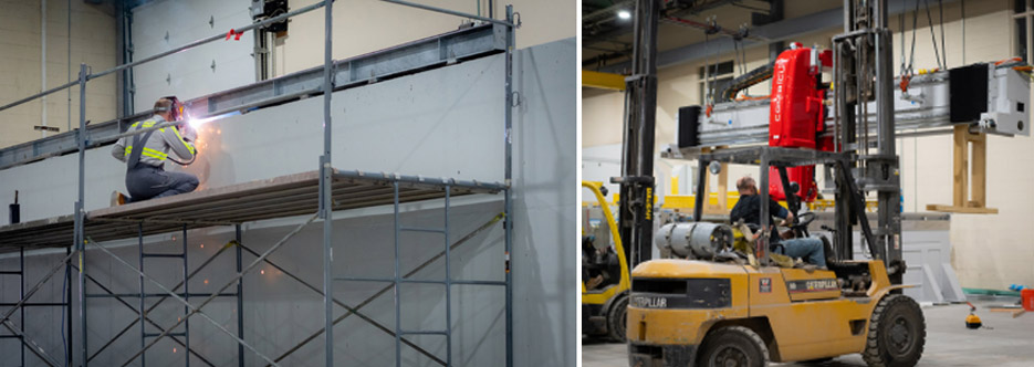 Manufacturing the infrastructure for our new 6-axis machine took over 4 months.   Since the saw head installed goes to the ceiling, a warning sign helps to avoid collision with the overhead crane. 