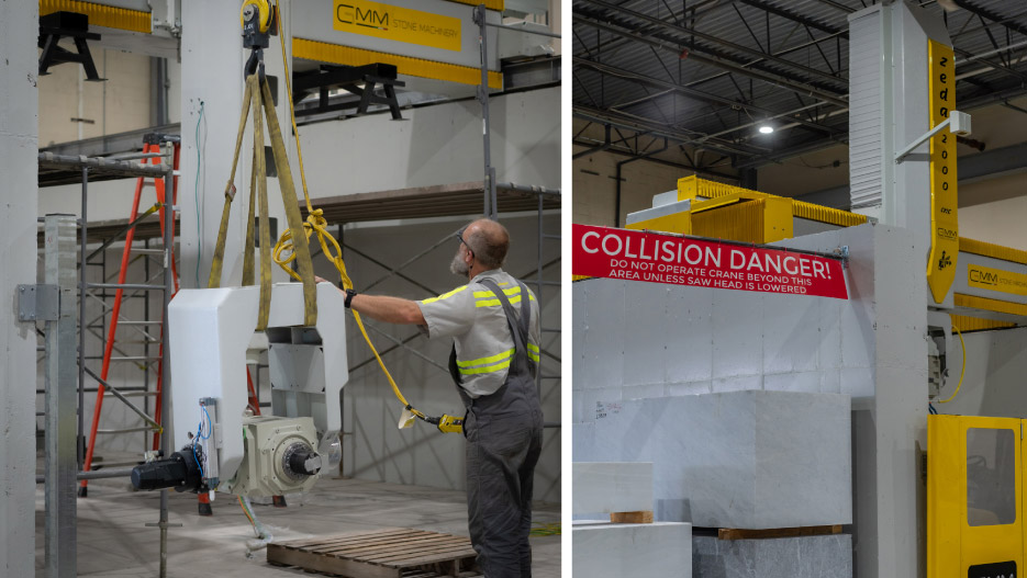 Manufacturing the infrastructure for our new 6-axis machine took over 4 months.   Since the saw head installed goes to the ceiling, a warning sign helps to avoid collision with the overhead crane. 