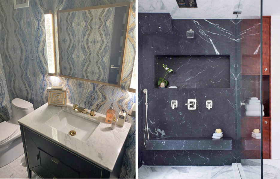 Left: Carrara marble vanity paired with a colorful wall treatment.    Photo courtesy of Two Girls and a Hammer.    Right: Black Marble shower seat, wall and niche creates a stylish illusion of expanded space in this glass-walled shower remodel.    Photo courtesy United Marble.