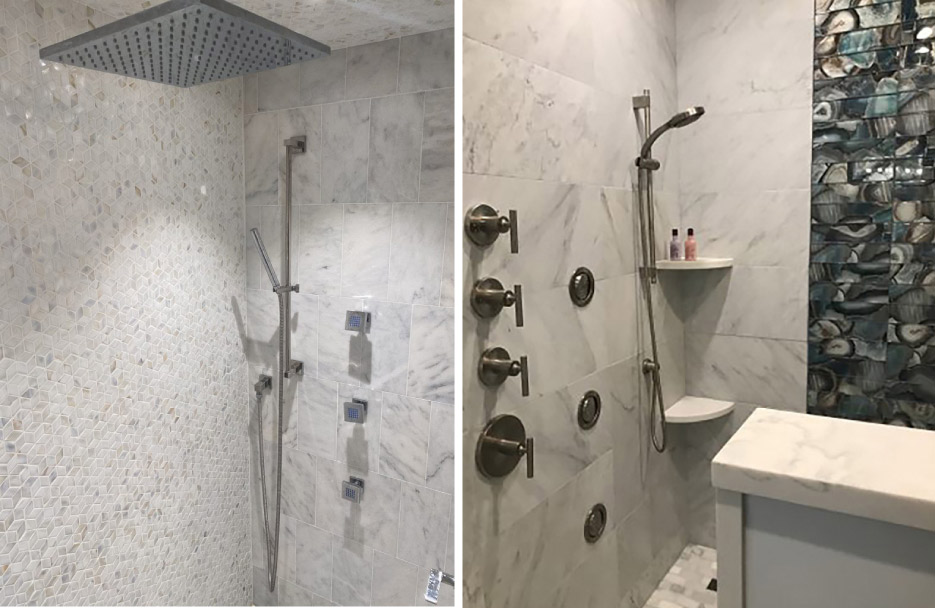 Left: Carrara marble shower, paired with Mother of Pearl accent tile. Photo courtesy Two Girls and a Hammer.  Right: Carrara marble and decorative glass feature wall. Photo courtesy Two Girls and a Hammer.