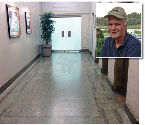  (Before) Terrazzo floor in Historic Board of Trade building in Portland. Wiley has restored several old terrazzo floors in historic buildings around the Portland area. Inset: Jeff Wiley