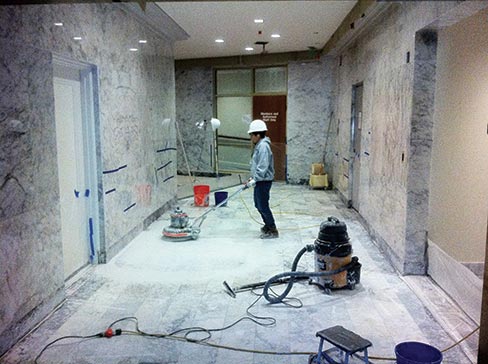 A small sample of the restoration the Wileys did, about 2 years ago, on the Tokeen marble in the Legislative Building at the Washington State Capital. There were four floors of corridors and eight restrooms to patch, repair, hone and polish. The floors were honed finished. The job took them four months with only the 3 of them working on it:  Wiley, and his wife Boua and son Jaron