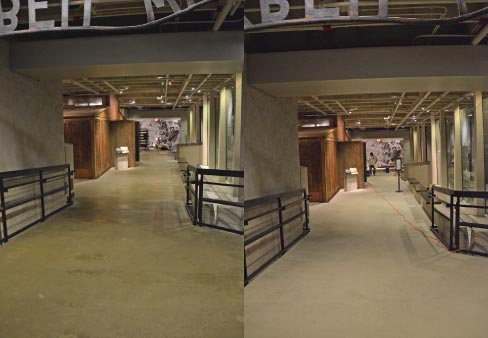 Before (left) and after photos of the floor leading to the theatre.