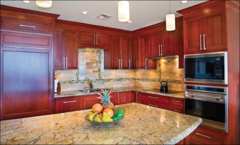 Larger kitchens requiring more square feet of slabs offer significantly more latitude to fabricate the backsplash, especially when the movement or flow from seam to countertop is a consideration. Says Jim Doran, “The majority of the stones we carry have a lot of movement in them, and we don’t want to have a big white vein coming down the wall and meet up with a dark area in the countertop. So we’ll work with (the customer) in terms of making sure the colors flow.”