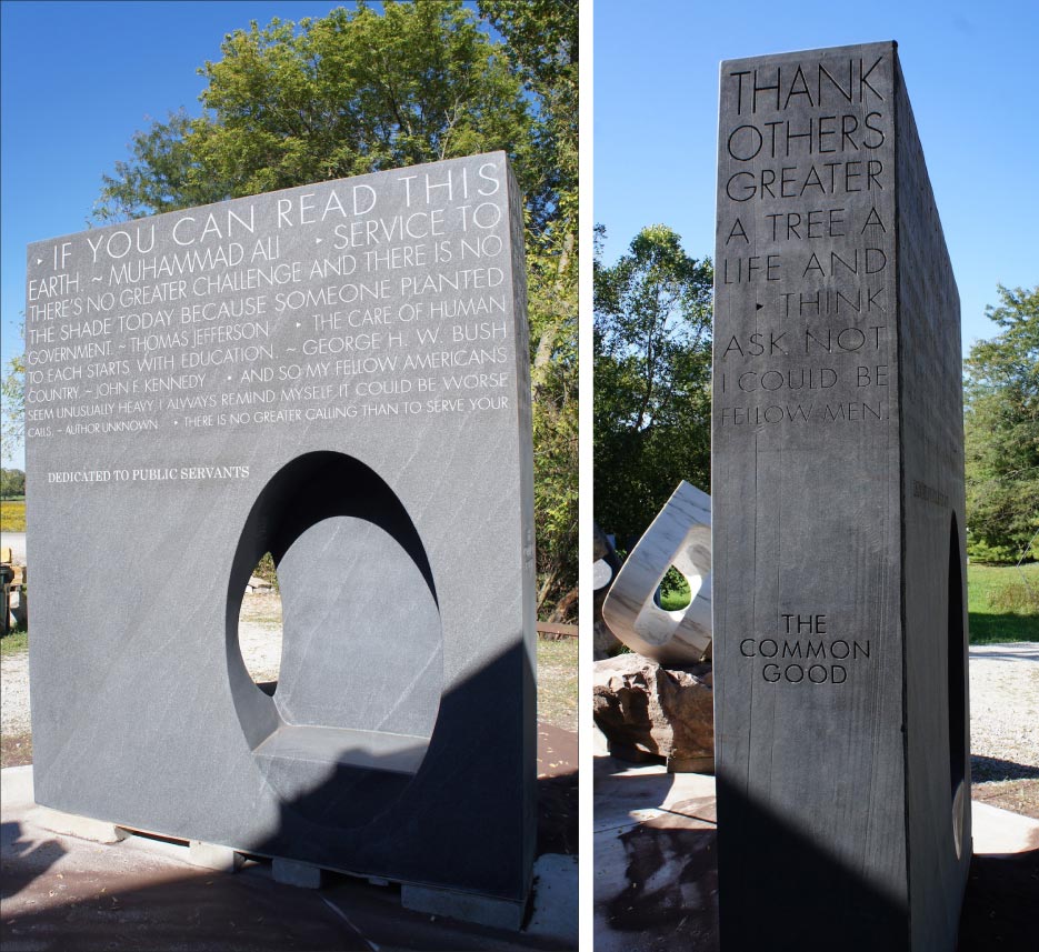 The four completed sides of the memorial show the running inscription concept. The first inscription is from Harry Truman: “If you can read this, thank a teacher.”