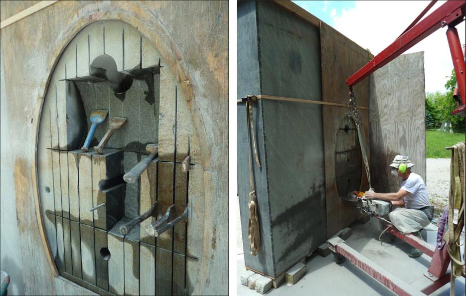 Above, Left: Day one: rough removal with chisels to split out blocks by hand, after rough saw cuts   Above, Right: Jon Barlow Hudson rough-cuts the reverse side of the granite surface plate with a chop saw on an engine hoist.