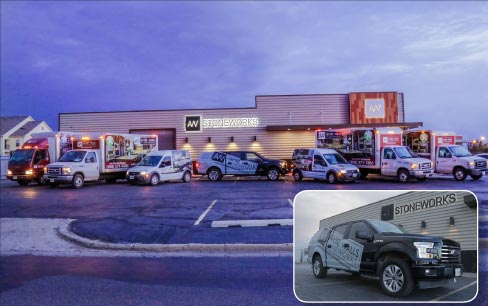 Wrap-around graphics on the AW Install truck fleet also serves as mobile advertising for the company.