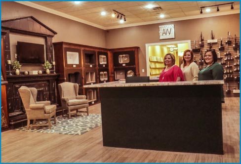 AW Stoneworks showroom,  with customer service representatives Tina, Torie and Madison. 