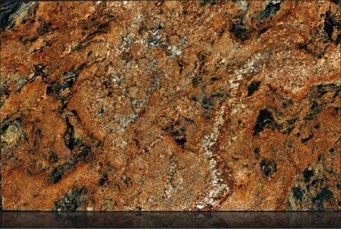 Polished slab of Magma Gold schist, and a closeup of a leather treatment, which brings out the different, large-grained textures of the minerals.