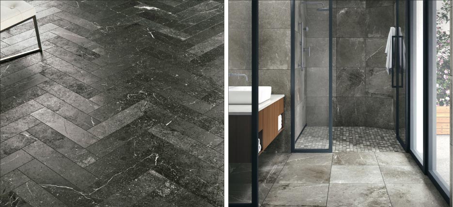 Above, Left: From Crossville’s Astral line, Draco in 6-by-24 inch pavers features charcoal hues threaded with white, dark like the night sky.  Above, Right: Magellan includes 24-by-24 inch tiles, perfect for the bath.