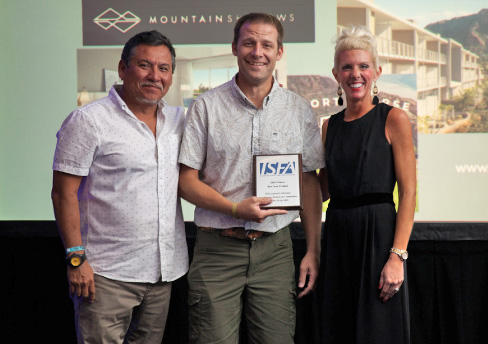 Aaron Crowley (center) accepts the 2018 Best New Product award at the annual ISFA conference from incoming 2019 ISFA President  Augie Chavez (left) and Amy Miller, ISFA Executive Director.