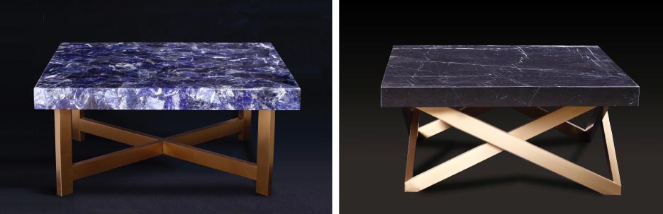 Left: Sodalite Blue top side table with a stainless steel base.   Right: 36-inch square Nero Marquina top, stainless steel base.