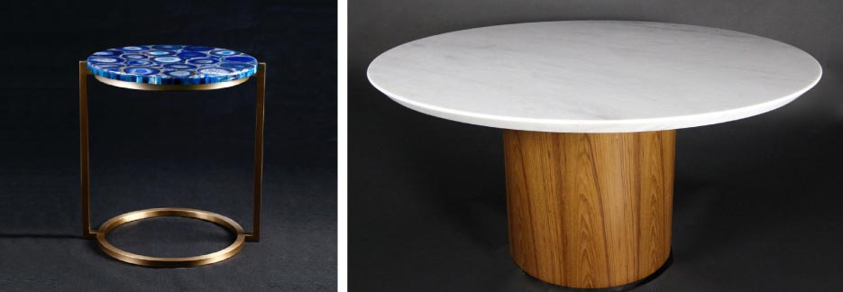 Left: Blue Agate top side table with a circular stainless steel base. Right: 57-inch circular table with teak base.