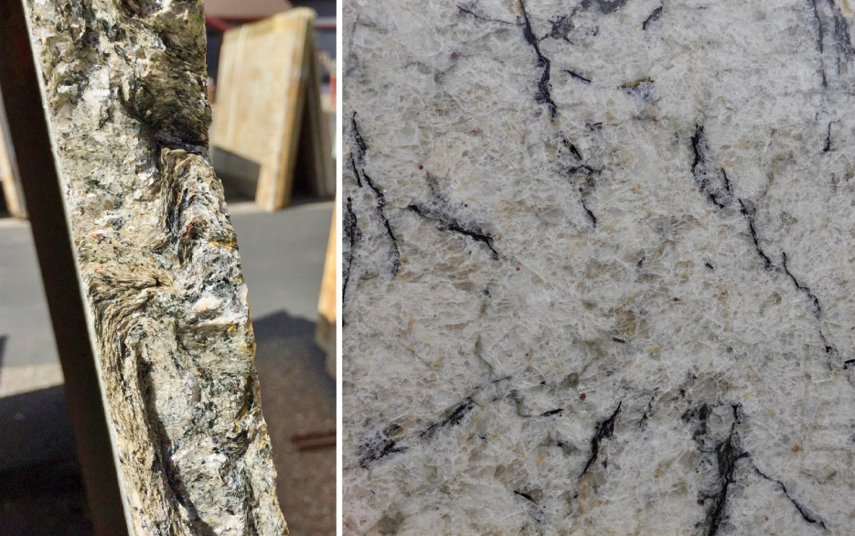 When viewed on the edge of the slab, mica’s distinctive thin sheets are easily recognizable. In this case, the layers of this schist are folded into wavy layers, which is a common theme in metamorphic rocks.  Right: This pretty slab of Persian Pearl is mostly quartz with thin slivers of black mica and a few garnets.