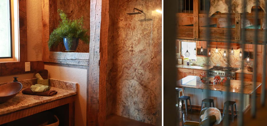 Right: Viewed from above, the vertically diagonal stripes of the Jaguar granite accentuate the two-story height of the great room and kitchen.  Left: Typhoon Bordeaux full-height shower walls with matching vessel sink vanity.