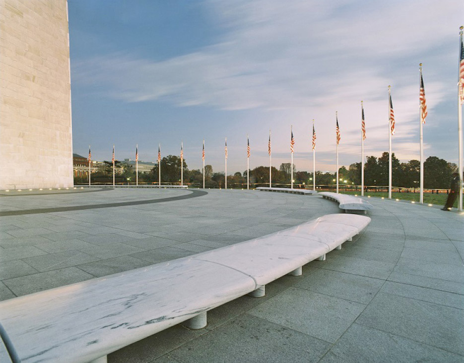 The Washington Monument Plaza benches are carved in White Cherokee marble. The plaza pavers are flamed CAMBRIAN BLACK© granite pavers.