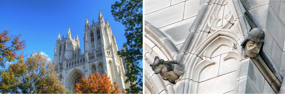 Left and above: The National Cathedral was constructed with Indiana Limestone. One popular bit of carving to search for is the famous Darth Vader gargoyle.