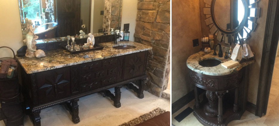 These Parade of Homes vanities feature multi-colored Brazilian Mascalzone granite (left) and Atlas granite (guest bath), both with an undermount bowl sink.